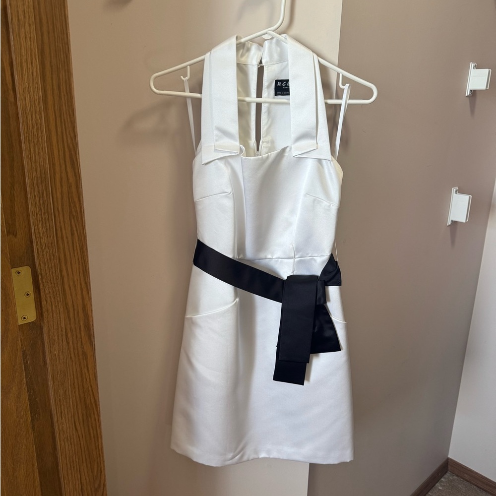 BCBG White Mini Dress with Black Sash